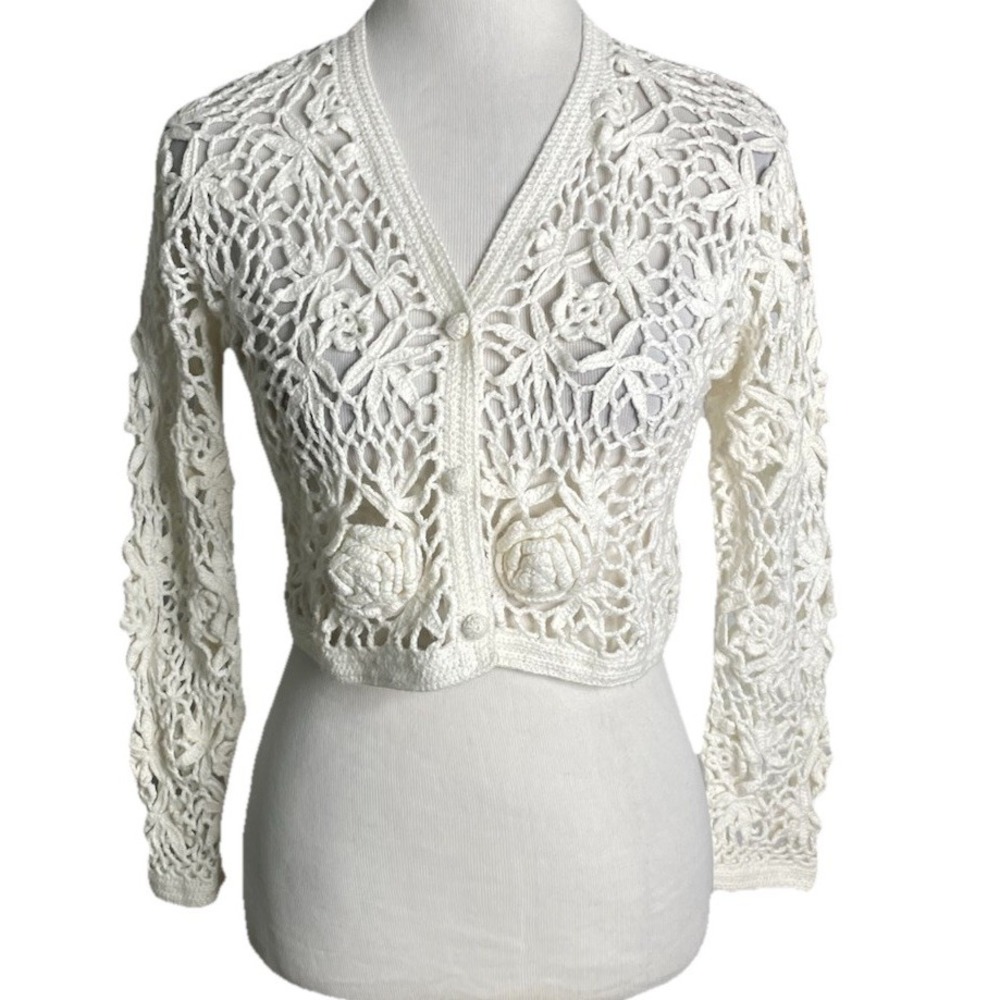 Vtg 90s Contempo White Cropped Crochet Cardigan Sweater Coquette Cottagecore M - Picture 3 of 5